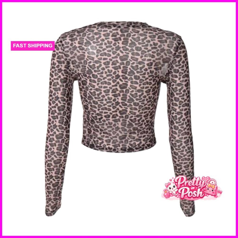 Leopard Mesh T-Shirt Sheer Crewneck Long Sleeve Crop Top - Picture 3 of 3